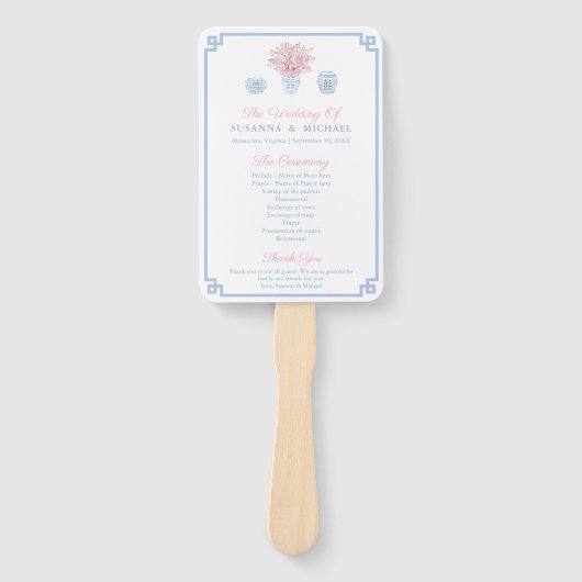 Preppy pastel blauw en roze chinoiserie bruiloft handwaaier (Voorkant)