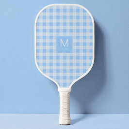 Preppy Pastel Blauw Gingham Monogram Gesticht Pickleball Paddle