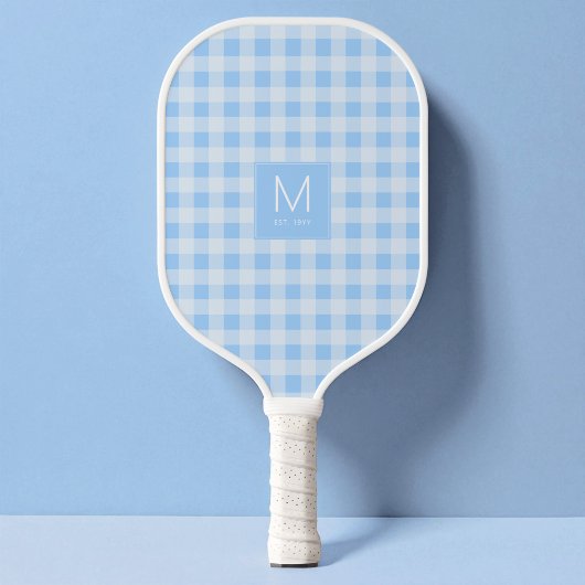 Preppy Pastel Blauw Gingham Monogram Gesticht Pickleball Paddle