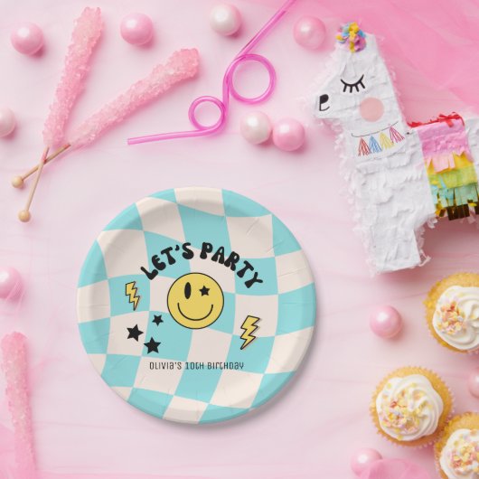 Preppy Pastel Blue Y2K Retro Verjaardagspapier Bor Papieren Bordje (Feest)