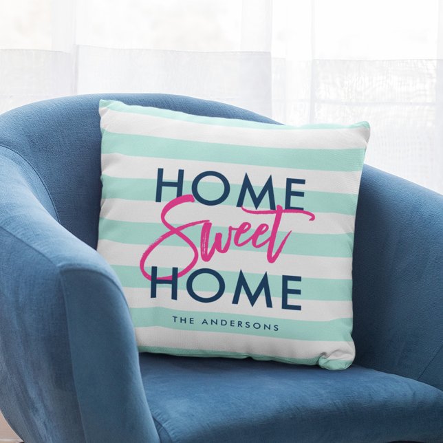 Preppy Pastel Mint & White Blue Home Sweet Home Kussen (Creator heeft geüpload)