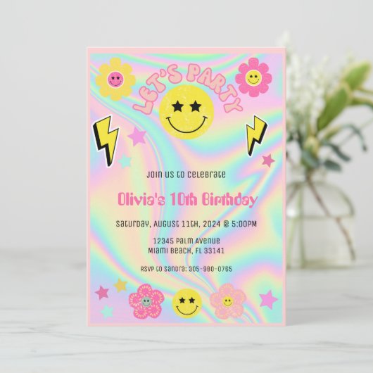 Preppy Pastel Roze Y2K Happy Face Party Verjaardag Kaart (Staand voorkant)