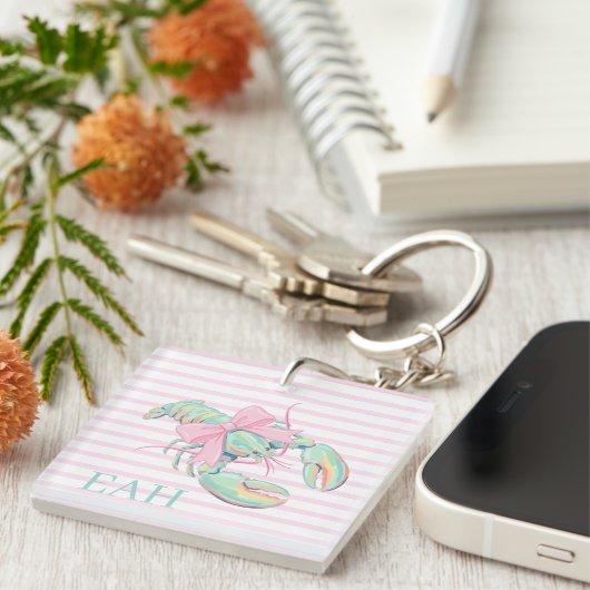 Preppy Pastel Waterverf Kreeft Monogram Sleutelhanger (Voorkant Rechts)