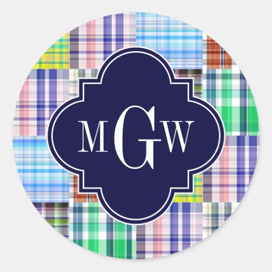 Preppy Patchwork Madras Marine Blauw Vierbladig Mo Ronde Sticker (Voorkant)