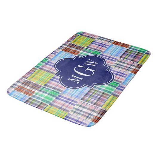 Preppy Patchwork Madras Navy Quatrefoil Monogram Badmat (Gekanteld)