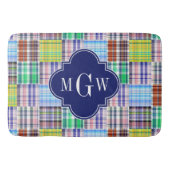 Preppy Patchwork Madras Navy Quatrefoil Monogram Badmat (Voorkant)