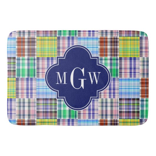 Preppy Patchwork Madras Navy Quatrefoil Monogram Badmat (Voorkant)
