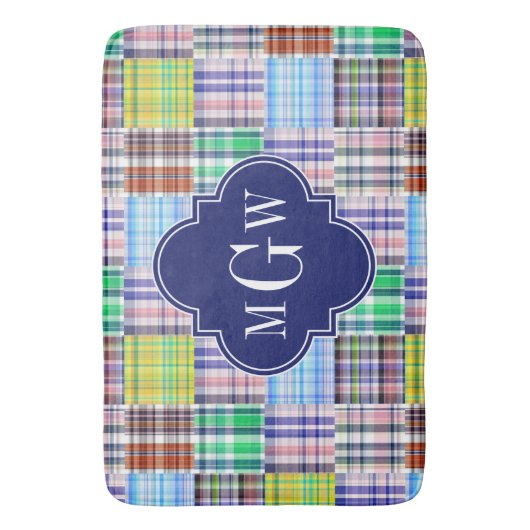 Preppy Patchwork Madras Navy Quatrefoil Monogram Badmat (Voorkant Verticaal)