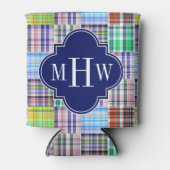 Preppy Patchwork Madras Navy Quatrefoil Monogram Blikjeskoeler (Voorkant)