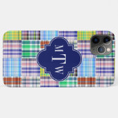 Preppy Patchwork Madras Navy Quatrefoil Monogram Case-Mate iPhone Case (Achterkant (horizontaal))