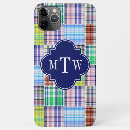 Preppy Patchwork Madras Navy Quatrefoil Monogram Case-Mate iPhone Case (Achterkant)