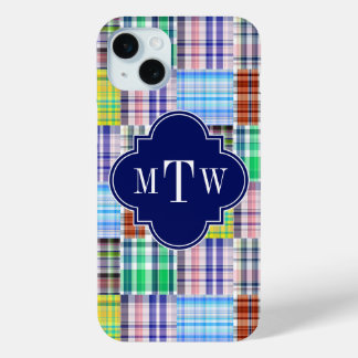 Preppy Patchwork Madras Navy Quatrefoil Monogram iPhone 15 Mini Hoesje
