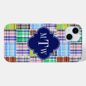 Preppy Patchwork Madras Navy Quatrefoil Monogram Case-Mate iPhone Case (Achterkant (horizontaal))