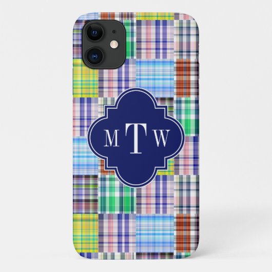 Preppy Patchwork Madras Navy Quatrefoil Monogram Case-Mate iPhone Case (Achterkant)