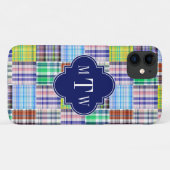 Preppy Patchwork Madras Navy Quatrefoil Monogram Case-Mate iPhone Case (Achterkant (horizontaal))