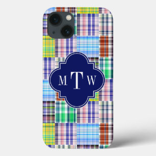 Preppy Patchwork Madras Navy Quatrefoil Monogram iPhone 13 Hoesje