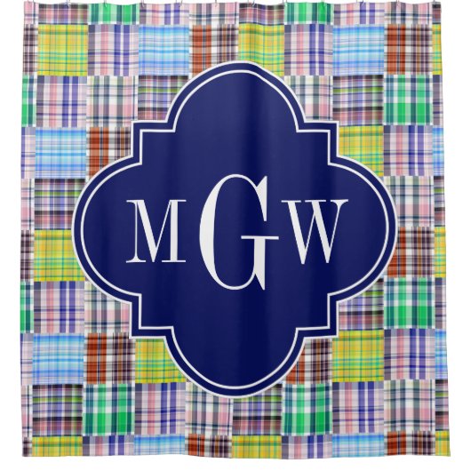 Preppy Patchwork Madras Navy Quatrefoil Monogram Douchegordijn (Voorkant)