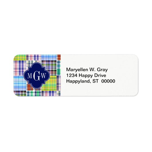Preppy Patchwork Madras Navy Quatrefoil Monogram Etiket (Voorkant)