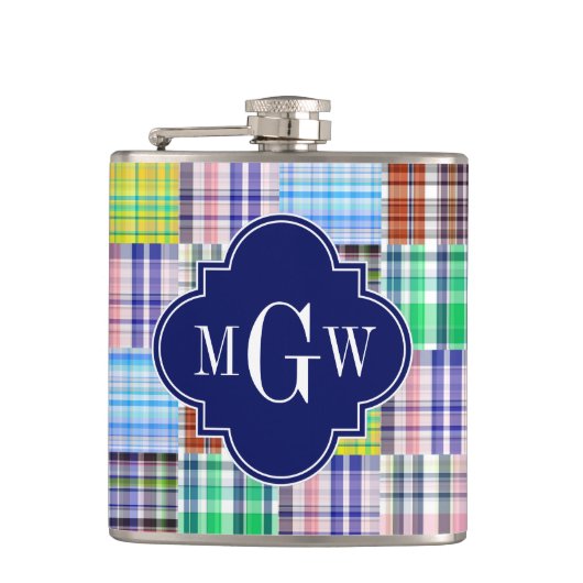 Preppy Patchwork Madras Navy Quatrefoil Monogram Heupfles (Voorkant)