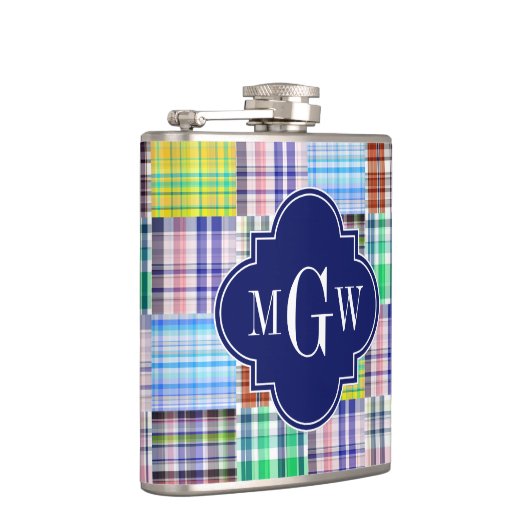 Preppy Patchwork Madras Navy Quatrefoil Monogram Heupfles (Rechts)