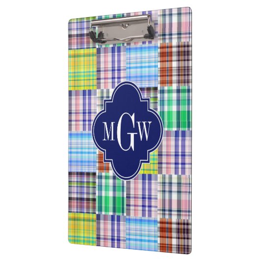 Preppy Patchwork Madras Navy Quatrefoil Monogram Klembord (Links)