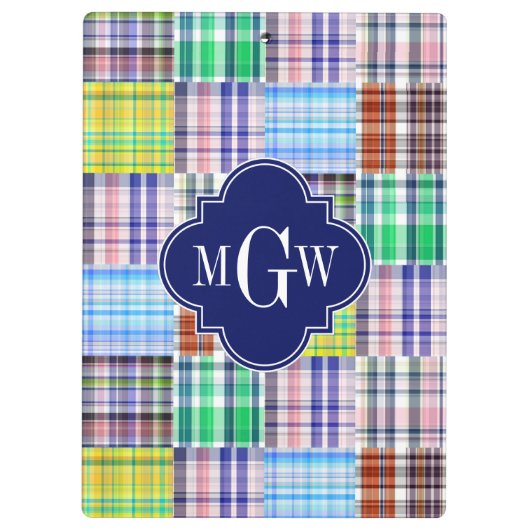 Preppy Patchwork Madras Navy Quatrefoil Monogram Klembord (Achterkant)