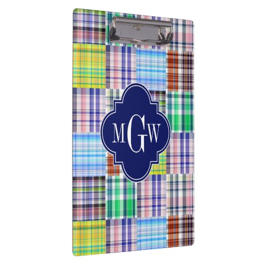 Preppy Patchwork Madras Navy Quatrefoil Monogram Klembord (Rechts)