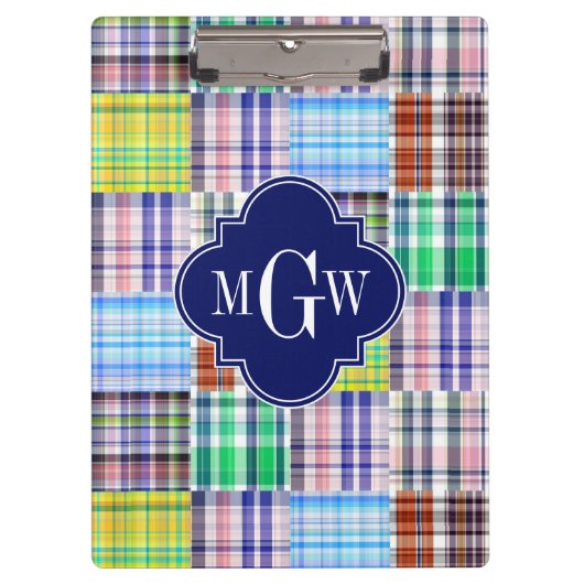 Preppy Patchwork Madras Navy Quatrefoil Monogram Klembord (Voorkant)