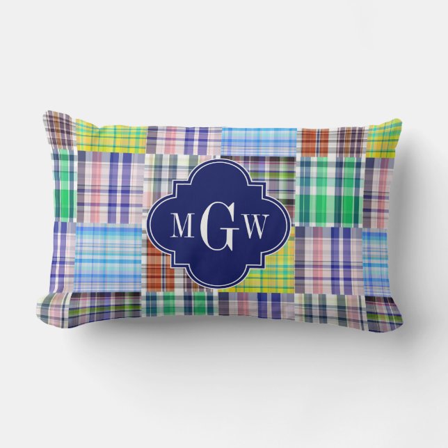Preppy Patchwork Madras Navy Quatrefoil Monogram Kussen (Voorkant)