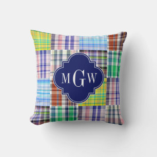 Preppy Patchwork Madras Navy Quatrefoil Monogram Kussen