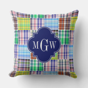 Preppy Patchwork Madras Navy Quatrefoil Monogram Kussen