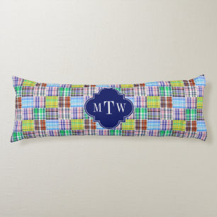 Preppy Patchwork Madras Navy Quatrefoil Monogram Lichaamskussen