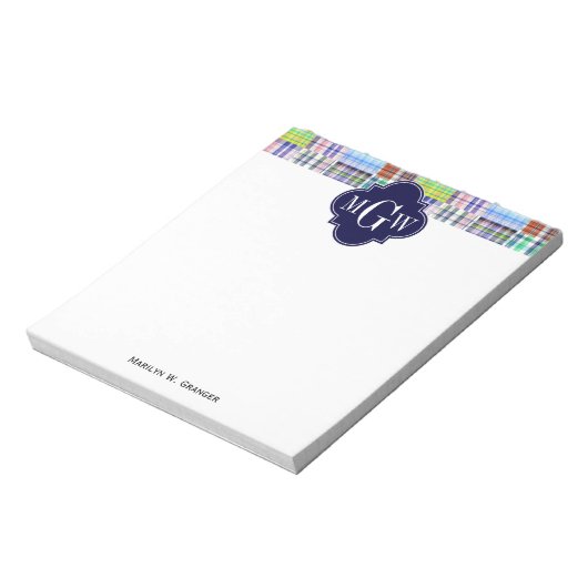Preppy Patchwork Madras Navy Quatrefoil Monogram Notitieblok (Linkerzijde)