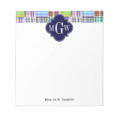 Preppy Patchwork Madras Navy Quatrefoil Monogram Notitieblok (Voorkant)
