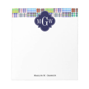 Preppy Patchwork Madras Navy Quatrefoil Monogram Notitieblok
