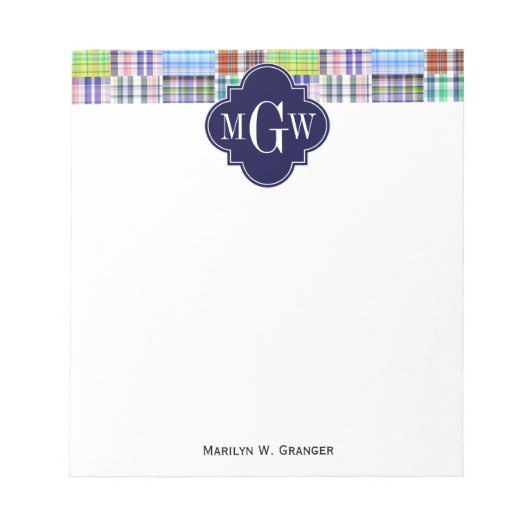 Preppy Patchwork Madras Navy Quatrefoil Monogram Notitieblok (Voorkant)