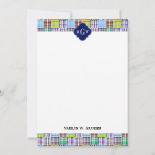 Preppy Patchwork Madras Navy Quatrefoil Monogram Notitiekaartje
