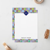Preppy Patchwork Madras Navy Quatrefoil Monogram Notitiekaartje (Voorkant / Achterkant in situ)