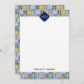 Preppy Patchwork Madras Navy Quatrefoil Monogram Notitiekaartje (Voorkant / Achterkant)