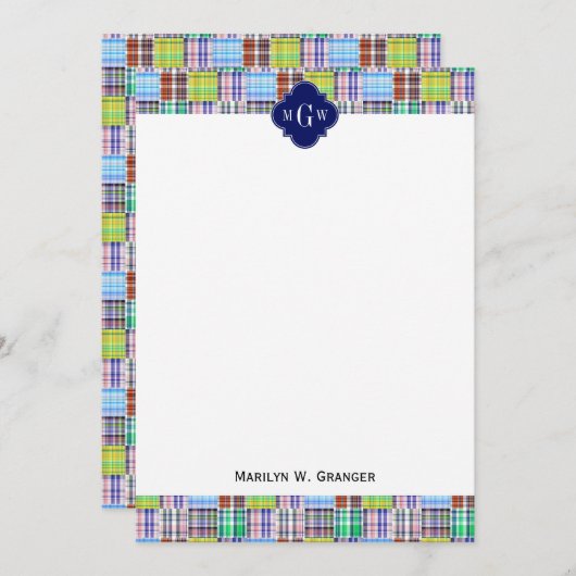 Preppy Patchwork Madras Navy Quatrefoil Monogram Notitiekaartje (Voorkant / Achterkant)