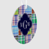 Preppy Patchwork Madras Navy Quatrefoil Monogram Ornament (voorkant)