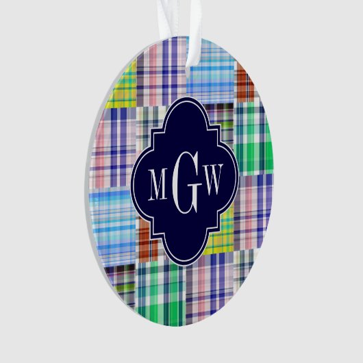 Preppy Patchwork Madras Navy Quatrefoil Monogram Ornament (voorkant)