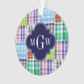 Preppy Patchwork Madras Navy Quatrefoil Monogram Ornament (voorkant)