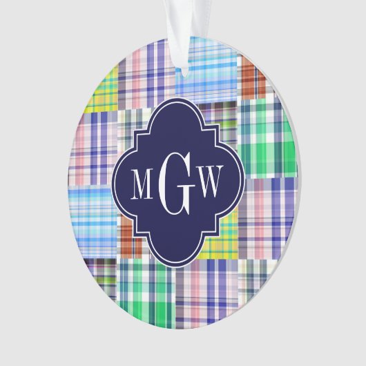 Preppy Patchwork Madras Navy Quatrefoil Monogram Ornament (voorkant)