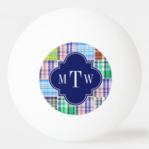 Preppy Patchwork Madras Navy Quatrefoil Monogram Pingpongbal