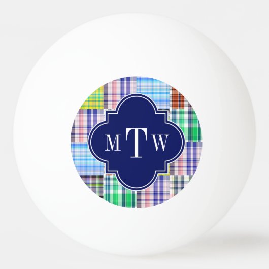 Preppy Patchwork Madras Navy Quatrefoil Monogram Pingpongbal (Voorkant)
