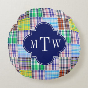 Preppy Patchwork Madras Navy Quatrefoil Monogram Rond Kussen
