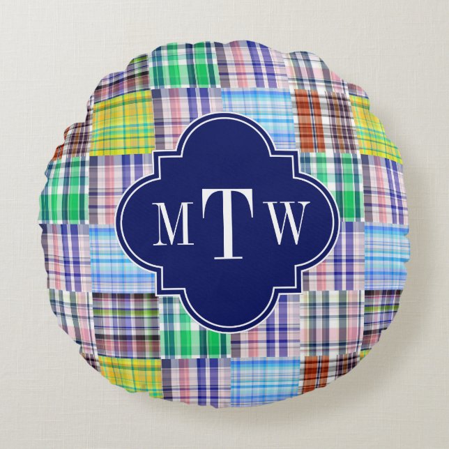 Preppy Patchwork Madras Navy Quatrefoil Monogram Rond Kussen (Voorkant)