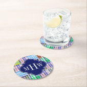 Preppy Patchwork Madras Navy Quatrefoil Monogram Ronde Kartonnen Onderzetter (Insitu)