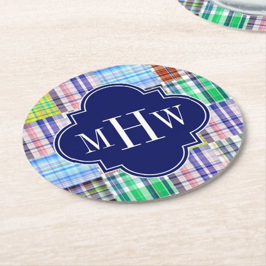 Preppy Patchwork Madras Navy Quatrefoil Monogram Ronde Kartonnen Onderzetter (Gebogen)
